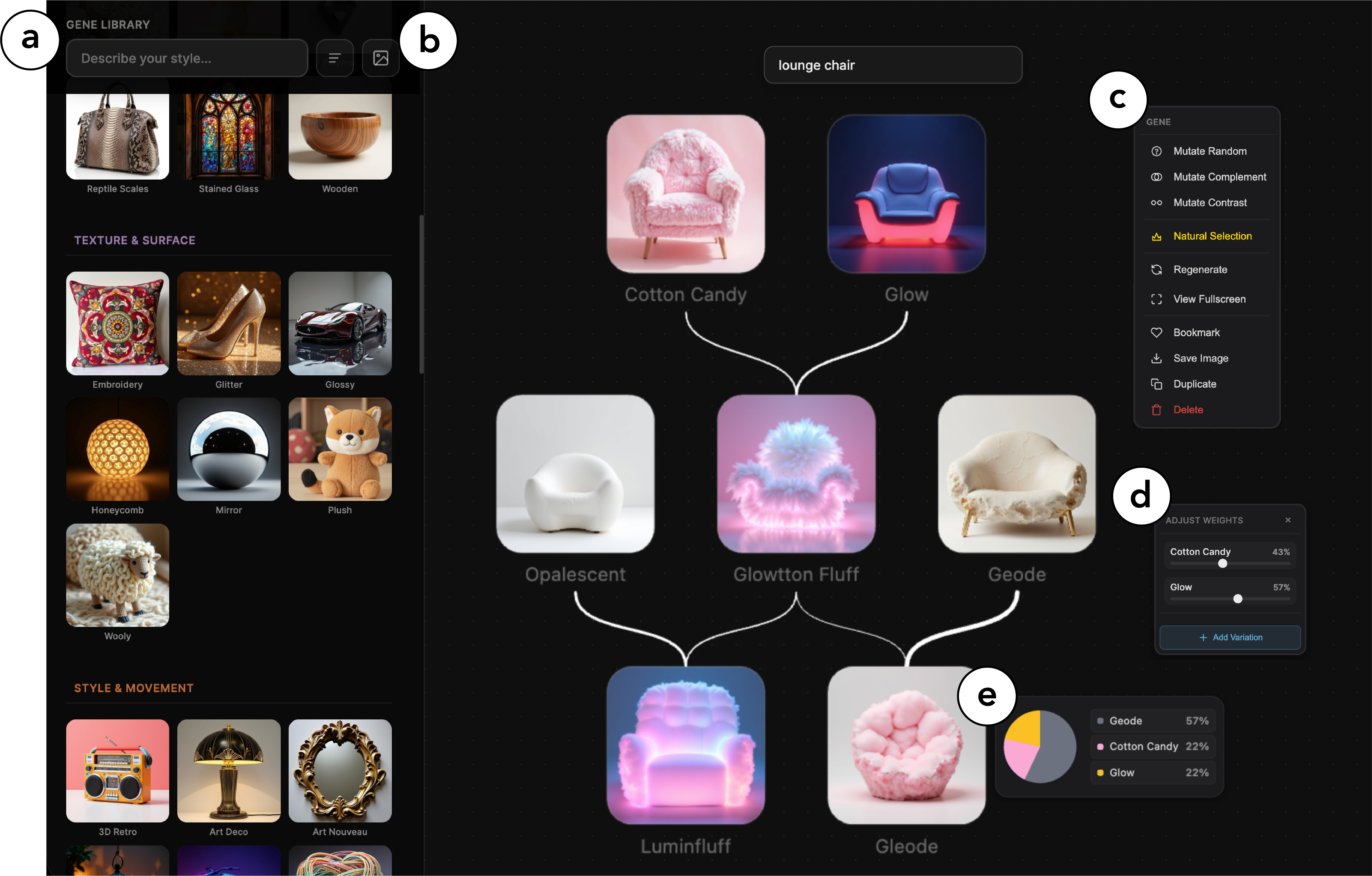 The GENErator interface showing a gene library, infinite canvas with evolution tree, genetic operations menu, and composition tooltip.